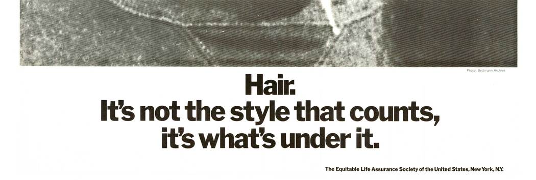 Original Einstein vintage poster. “Hair. It’s not the style that counts, it’s what’s under it.” <br> <br>From a series of portraits with inspirational quotes from The Equitable Life Assurance Society of the United States. Photo from Bettmann Archive.