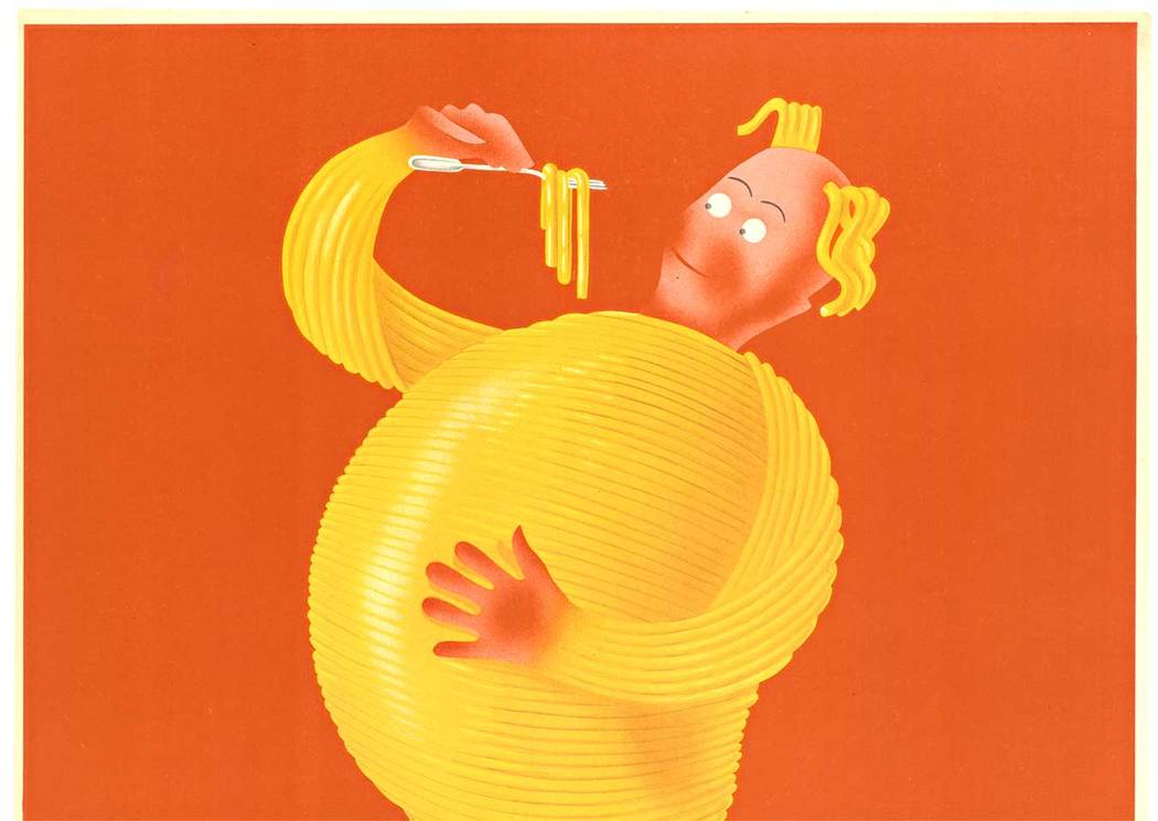 An original vintage poster of Perlach Macaroni Spaghetti created by Richard Roth for the German pasta brand, Perlach in the 1940s 1. The poster features an anthropomorphic pasta man who grows more prominent as the more Perlach pasta he eats. Printer: Obp