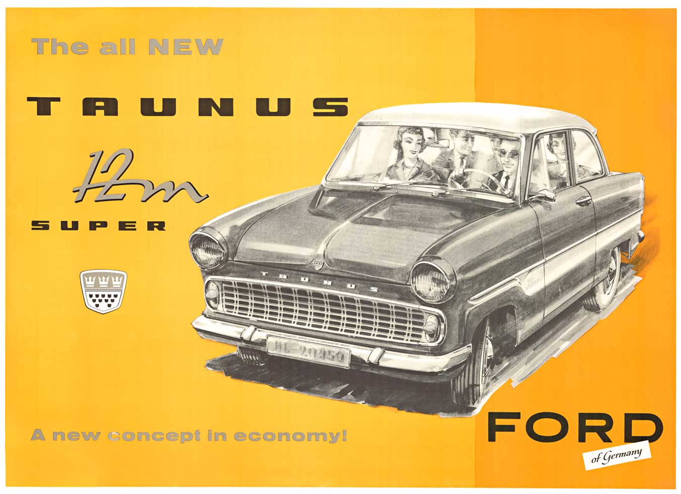 The Taunus 12M presented in 1952 was the first new German Ford after World War II. It featured ponton styling, similar in style to British Ford Zephyr. This poster features the later model from 1959. Archival linen backed in Excellent condition (A), re