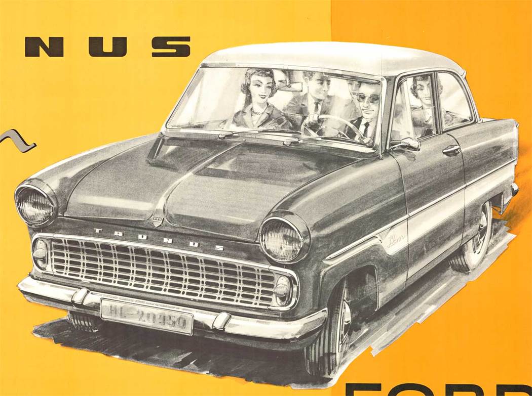 The Taunus 12M presented in 1952 was the first new German Ford after World War II. It featured ponton styling, similar in style to British Ford Zephyr. This poster features the later model from 1959. Archival linen backed in Excellent condition (A), re