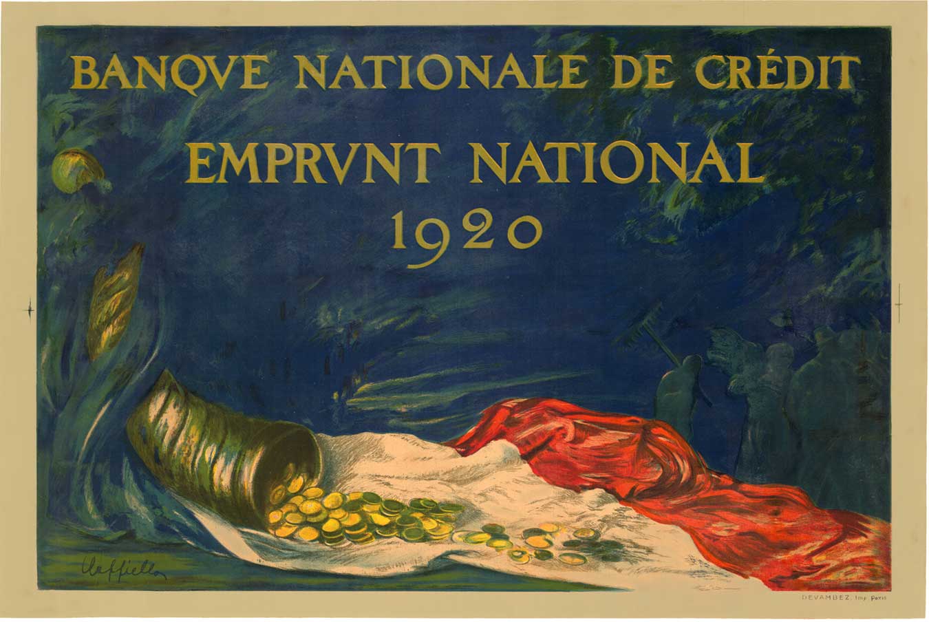 Original “Banque Nationale de Credit Emprunt National 1920” vintage Cappiello poster. Linen backed in B condition with touch-up restoration in various poster parts. The price reflects the B condition of this vintage poster. Lithograph printed on unb
