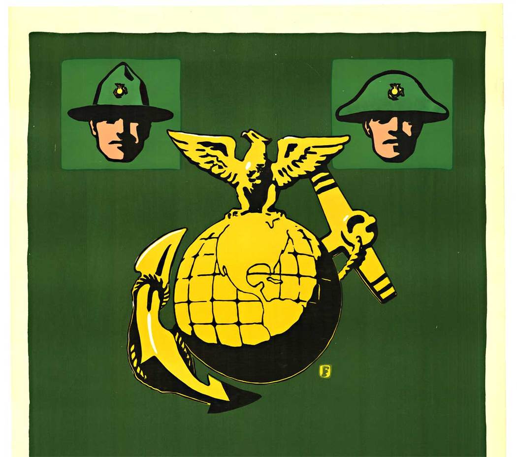 This Device on Hat or Helmet Means U.S. Marines, the circa 1917 U.S World War I (WWI) poster featuring Charles Buckles Falls artwork of the Eagle, Globe and Anchor (EGA) emblem of the U.S. Marine Corps. Note that this poster has two versions; one shows th