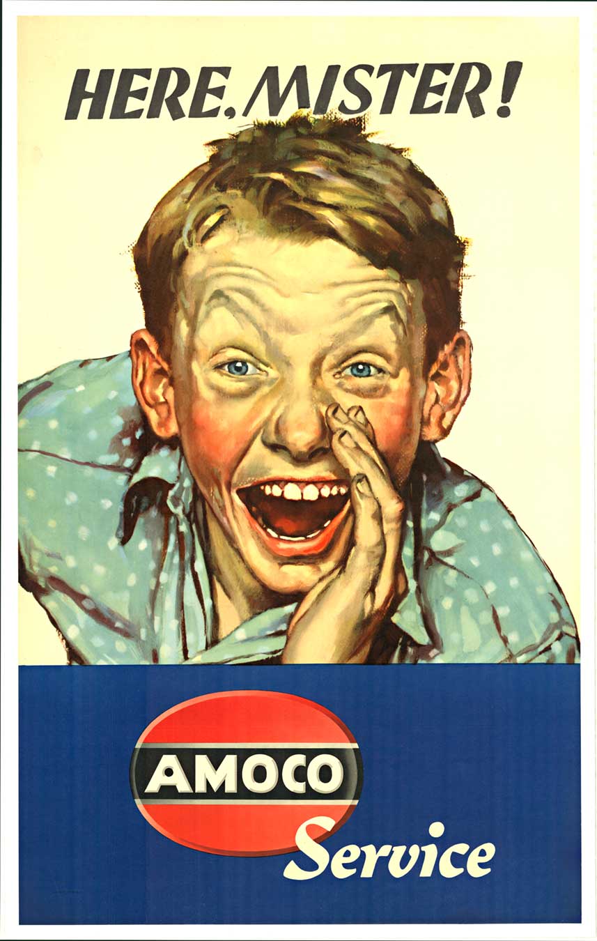 Add a touch of vintage charm to your space with this original "Here, Mister! AMOCO Service" mid-century vintage poster. Designed in the late 1930s to early 1940s, this poster showcases the iconic artwork of a young boy shouting out to grab attention. The 