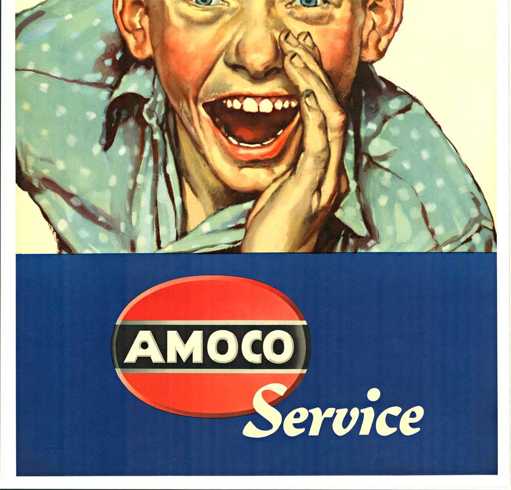 Add a touch of vintage charm to your space with this original "Here, Mister! AMOCO Service" mid-century vintage poster. Designed in the late 1930s to early 1940s, this poster showcases the iconic artwork of a young boy shouting out to grab attention. The 