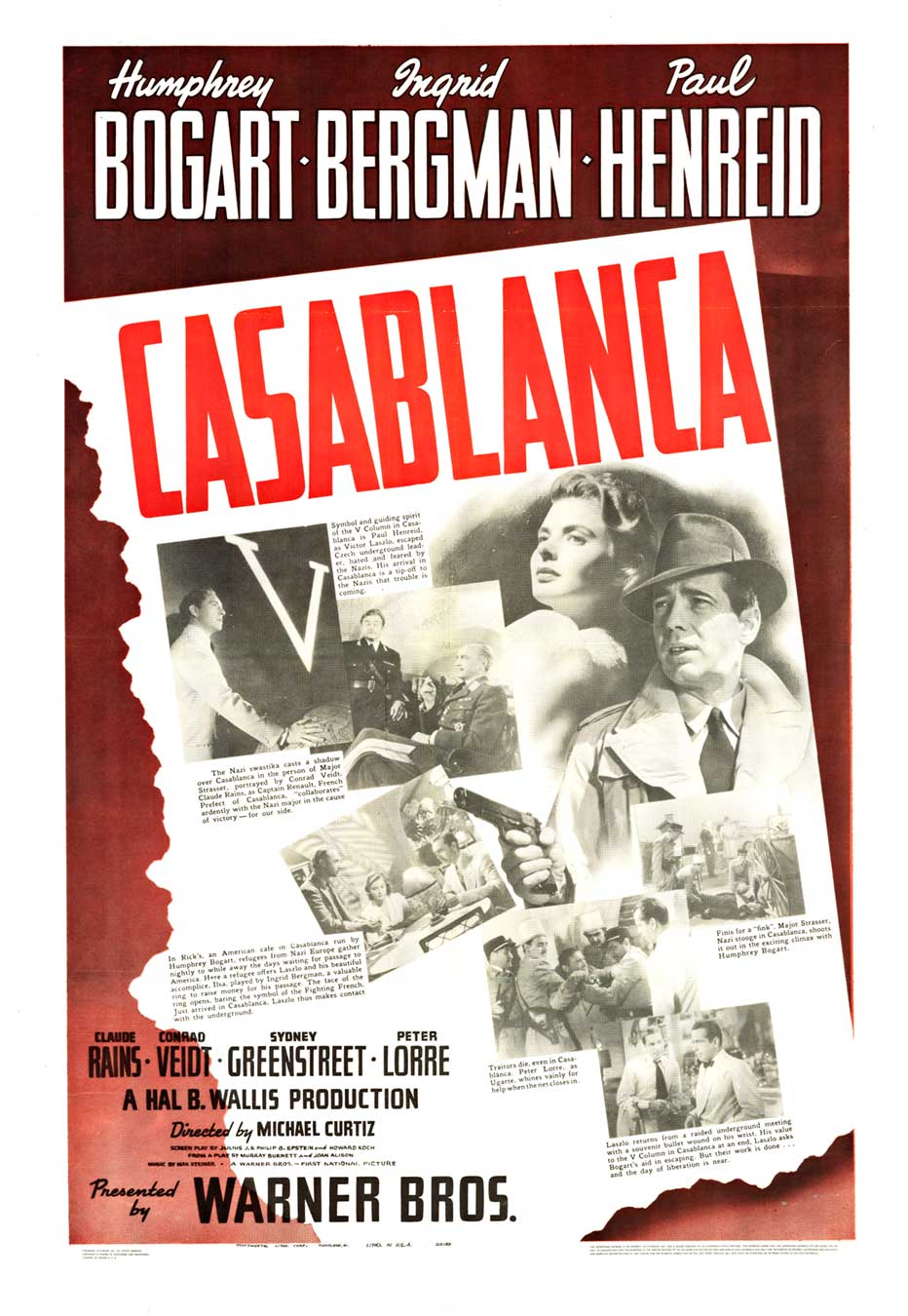 original Cssablanca, 7 vignettes, 1942 movie poster, rare poster, film poster Humphrey Bogart, Ingridd Bergman, Paul Henreid