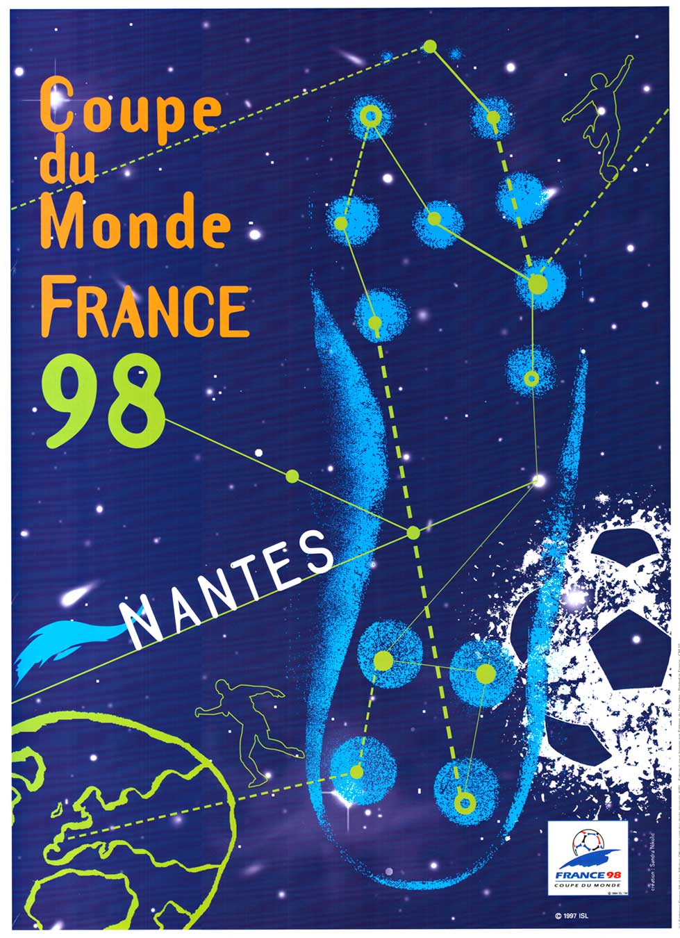 Original Coupe du Monde France 98 Nantes, World Cup soccer poster. <br>Linen backed in excellent condition, ready to frame. There is no damage, no restoration, and great colors. A World Cup poster was printed for each city in 1998, where one or more 