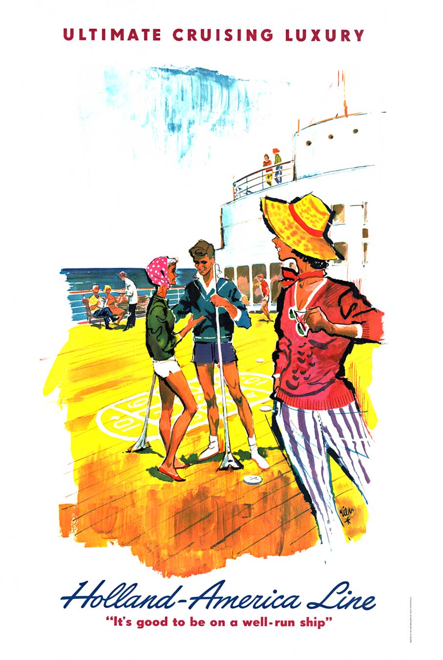 travel poster, cruise line shuffle board, deck, original poster, people, summertime, ocean, luxury, vintage travel poster