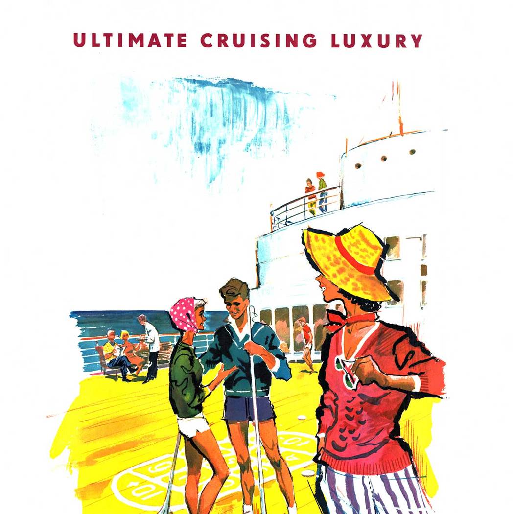 travel poster, cruise line shuffle board, deck, original poster, people, summertime, ocean, luxury, vintage travel poster