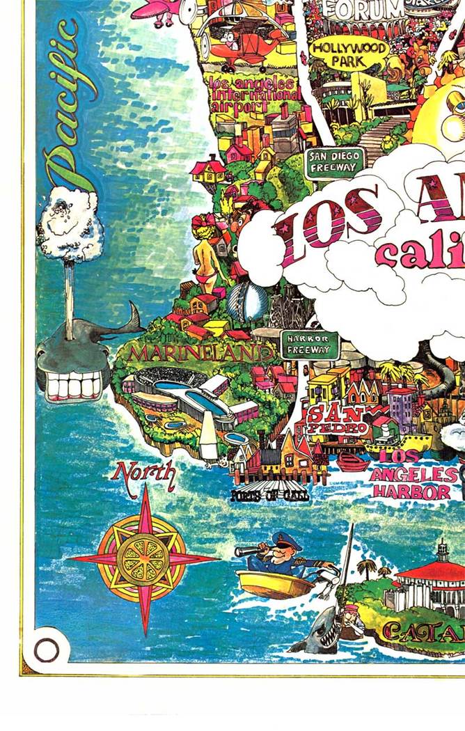 fun map of Los Angeles, all the signs, steets, and vacation spots of Southern California. Linen backed 1976 original,