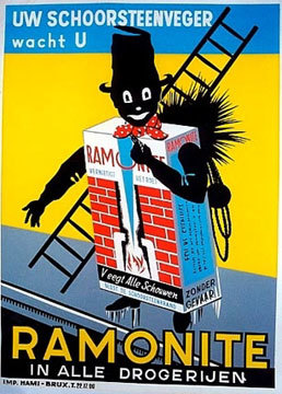 original poster of a chimney sweep climbing down off a roof with a ladder in his hand, totally covered in black. Dutch vintage poster, great shape, great value.