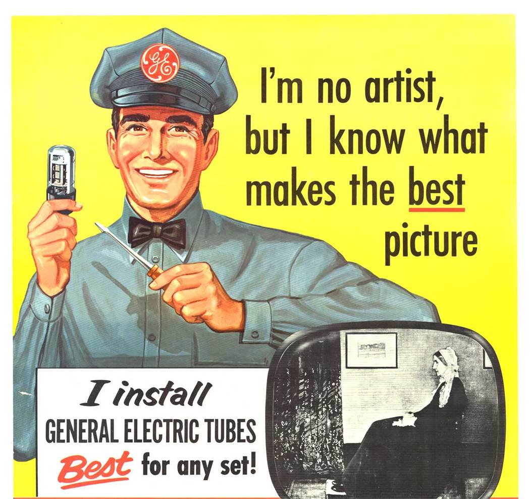 black and white television, whistler's mother, repair man, General electric television tube.