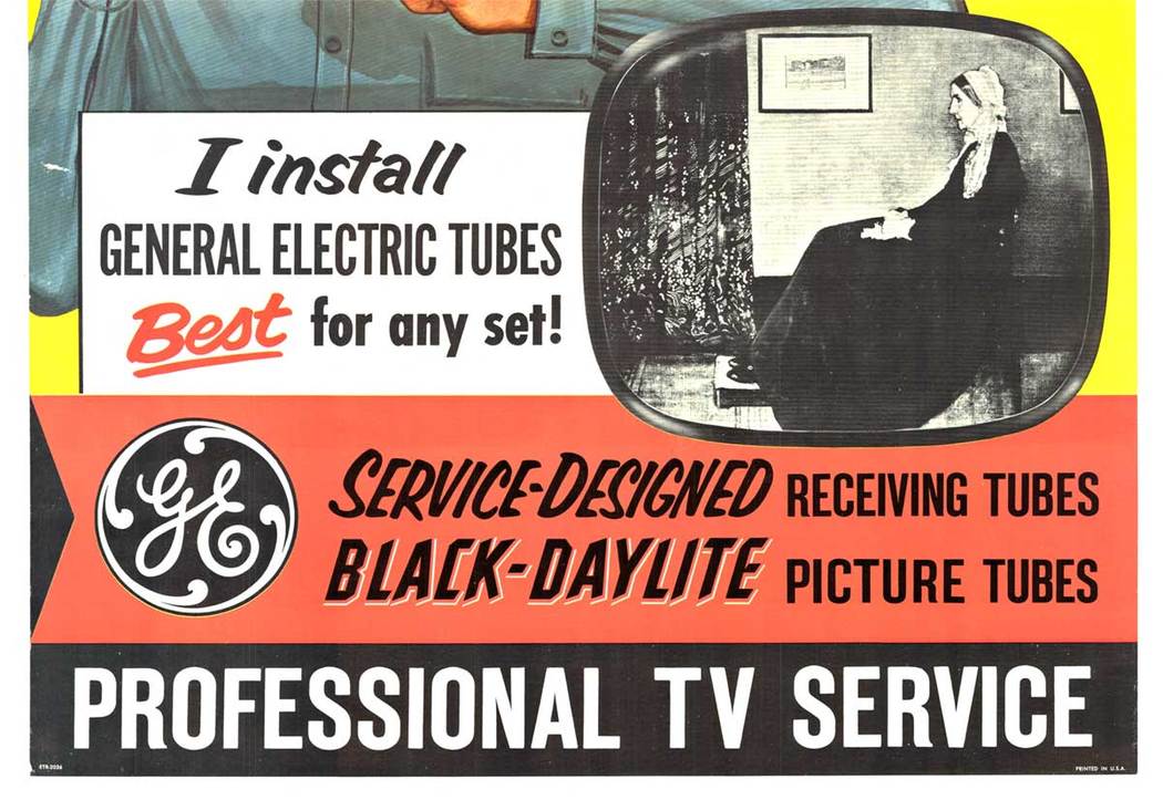 black and white television, whistler's mother, repair man, General electric television tube.