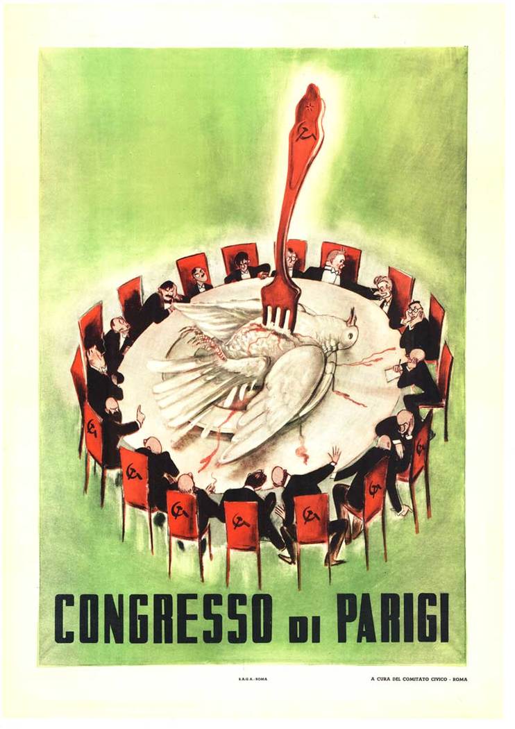 Original Congresso di Parigi vintage poster, linen backed. <br> <br>The Congress of Paris. The first delegate to the left is Cavour ( Kingdom of Sardinia ), the third Buol-Schauenstein ( Austria ). Seated, from left, Orlov ( Russia ) and, beyond the table