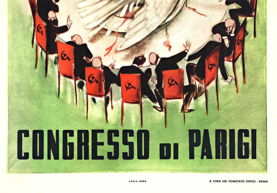 Original Congresso di Parigi vintage poster, linen backed. <br> <br>The Congress of Paris. The first delegate to the left is Cavour ( Kingdom of Sardinia ), the third Buol-Schauenstein ( Austria ). Seated, from left, Orlov ( Russia ) and, beyond the table