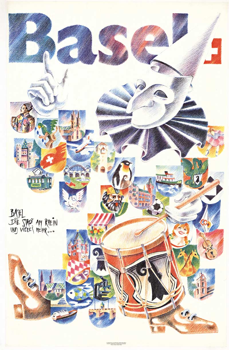 Fastnacht in Basel Switzerland, drums, cantons, drama mask, linen backed original poster