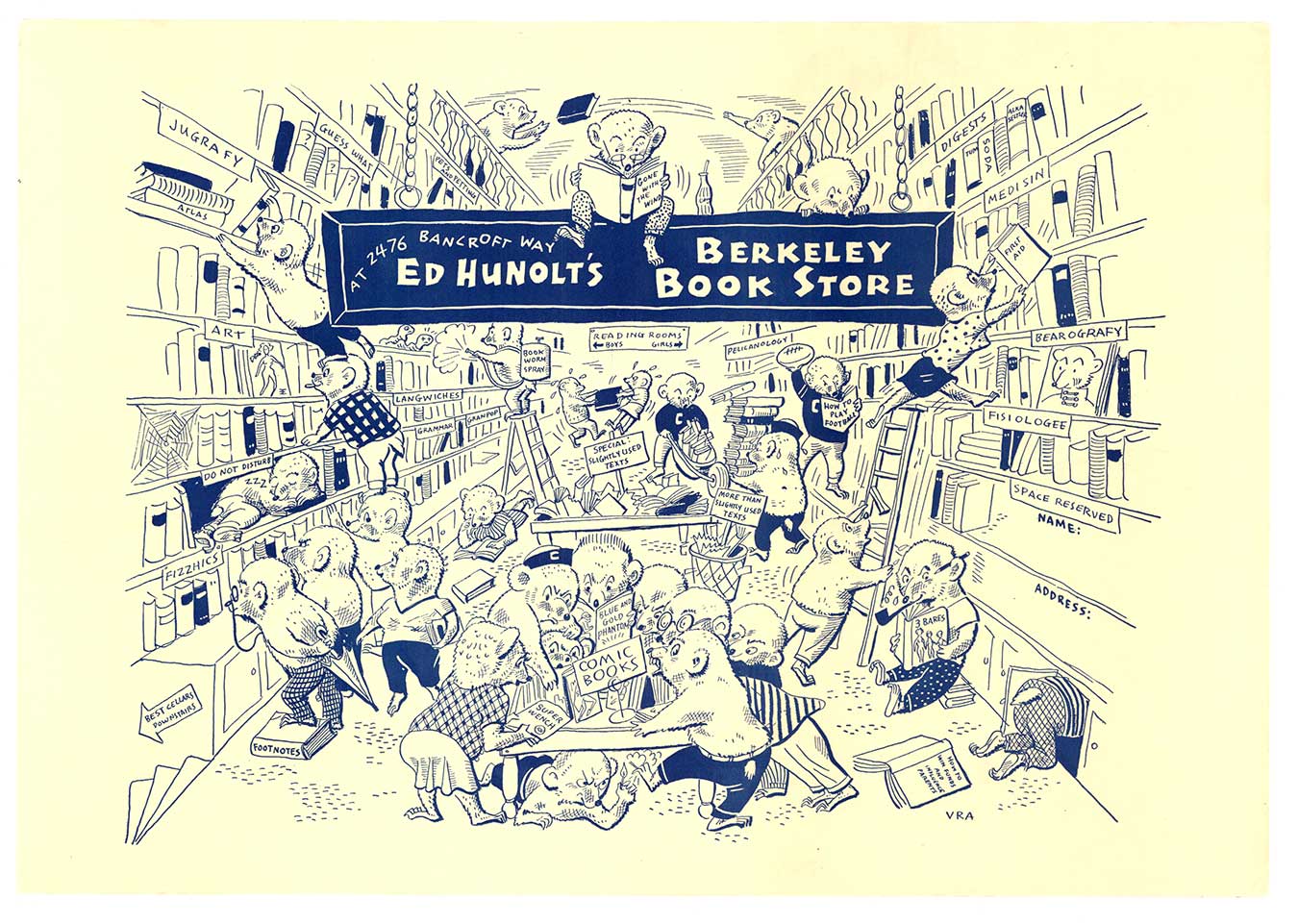 Anonymous Artists - Ed Hunolt's Berkeley Book Store bears, book store, animals running around a book store, blue and cream, VRA artist