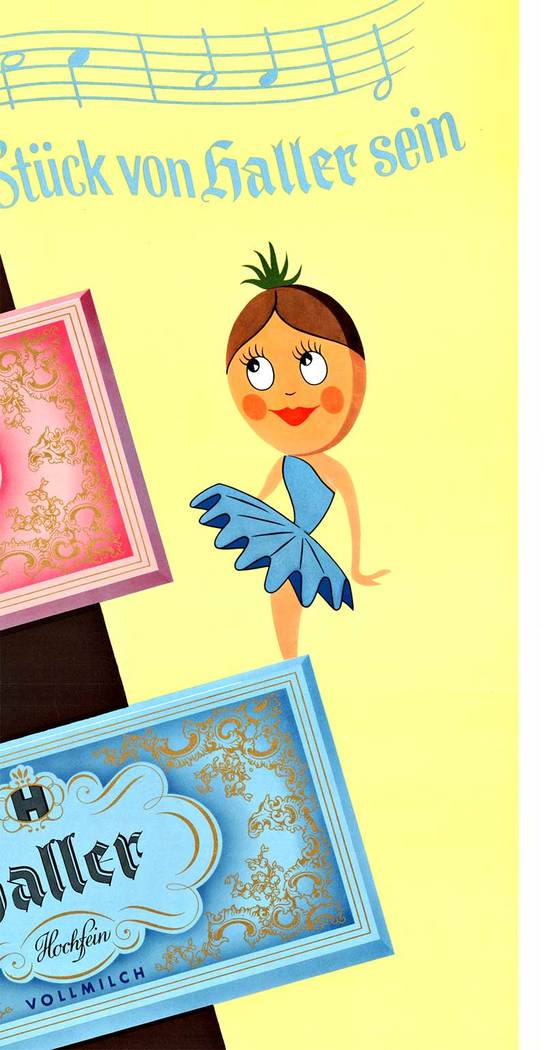 Anonymous Artists - Haller Fine Chocolate Schokolade vhovolstr bars, music notes, chocolate brown and cream color background. Joan Jetson style image of a woman in a tutu.
