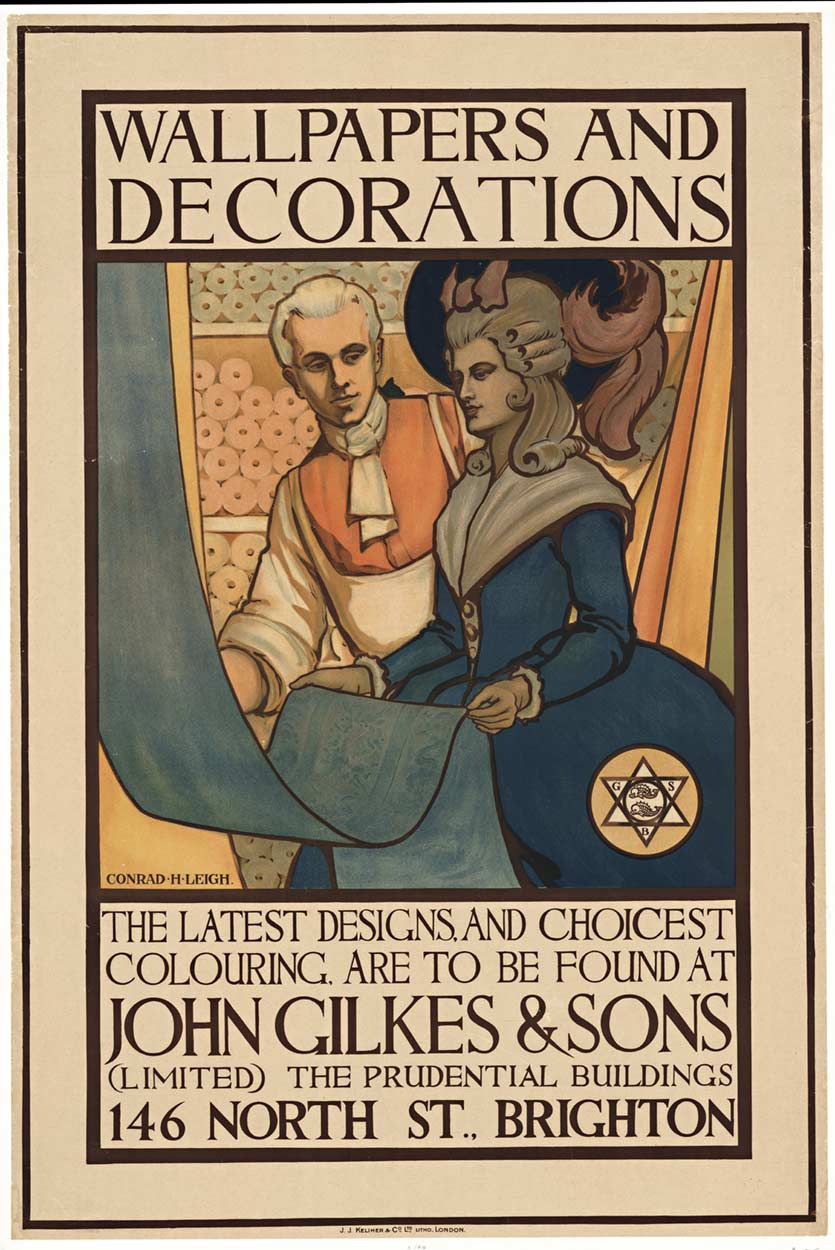 Wallpapers and Decorations John Gilkes & Sons. Original stone lithograph. Size: 31" x 47". C. 1920. Printer: J.J. Keliher & Co., London Archival linen backed authentic antique poster in great condition; ready to frame. <br> <br> This is a famous
