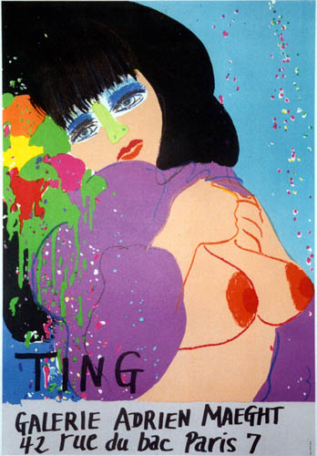 Ting - Galerie Maeght. Paris 7, France. Original Exhibition lithograph in fine condition, ready to frame. <br> <br>Archival linen backed: TING. This poster image speaks for itself and is brazen about the revealing breasts. Colorful linen backed l