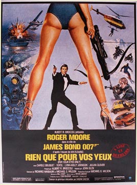 Original James Bond movie poster, linen backed. Roger Moore as 007, linen backed, woman looking through her legs, battle scenes on both left and right side of her, linen backed original poster, fine condition, this is a bargain, great for a man cave