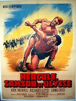 Hercules wrestling Samson, soldiers on horseback waving sabers, wrestlers, full lithograph, linen backed, fine condition original poster