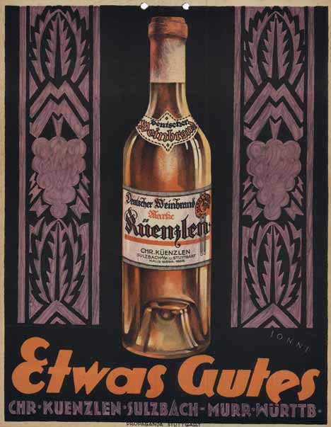 bottle of German liquor, wood block designs on sides, linen backed, original, fine condition