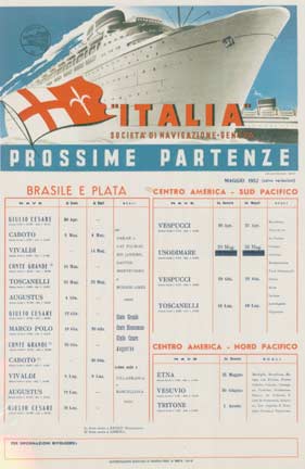 cruise line schedule, linen backed, Italian, original