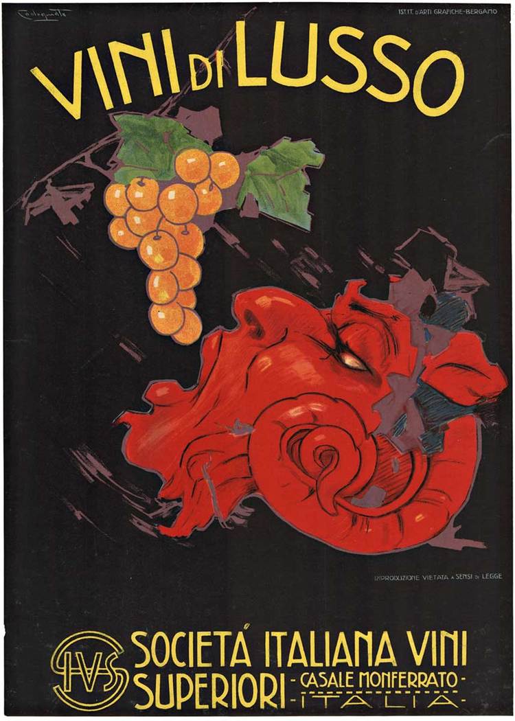 wine poster, saytar, Italian, grapes, This great image features the satyr ready to eat a bunch of grapes that hang before him. A god of wine; this is a great addition to any bar area. Original, linen backed. Original works by the artist Plinio Codo