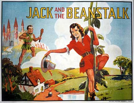 Jack, Giant, bean stock, fairy tale poster, lithograph, horizontal, original, linen backed.