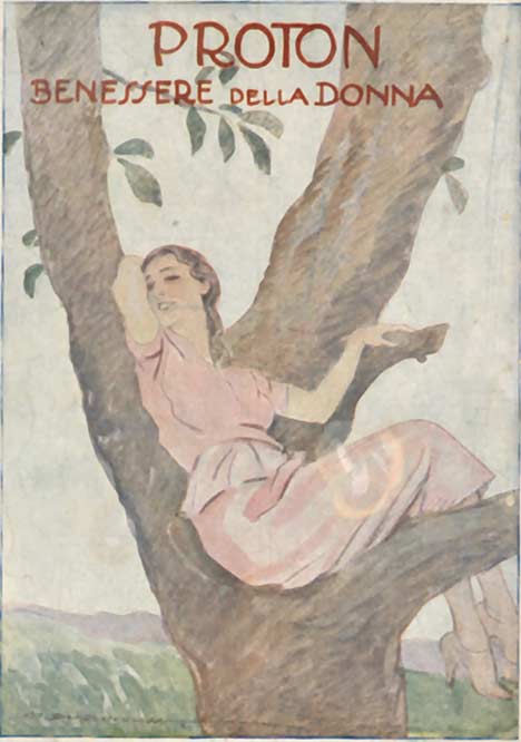 lady resting the the crook of a tree, Italian, art deco, magazine cover