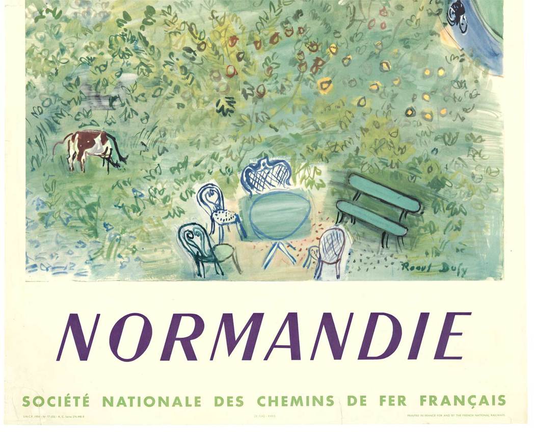 Normandie country side, farm house, park bench, cow in a field, outdoor table and chairs, ocean and 2 ships, original poster, authentic poster, French poster, France