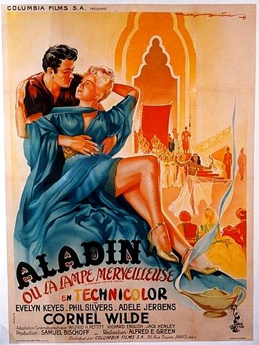 large format French poster, man and woman, Arabic scene, dancer, magic lantern, stone belly dancer, lithograph