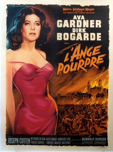 French movie poster, beautifu Aa Gardner, mob of people, city walls in background, burning torches, linen backed.