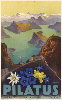 lake, flowers, Switzerland, mountains, vintage poster, poster art, posters for sale