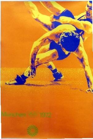 Munich 1972 Olympics Wrestling <br> <br>Otl H. Aicher of Ulm, who served as art director for the event, specified that all the individual sport posters start with a photograph. Then the images were solarized to achieve unusual effects & printed in bright 