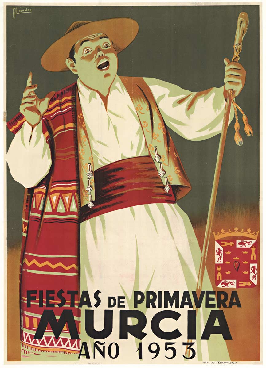 Man in spanish clothing holding a walking stick. Travel poster for MURCIA, SPAIN, Festival poster, linen backed.