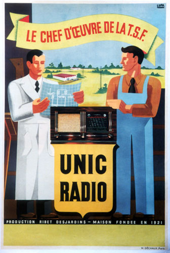 The two gentlemen sit and discuss the new Unic Radio. The idea conveys the idea that both white and blue color workers can afford to own a new radio when the radio was still a relatively new invention. Le Chef D'Oeuvre de la T.S.F. The bottom 'snipe' 