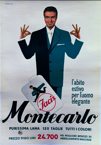 Original Italian poster: Facis Montecarlo. Linen backed in very good condition. Mid-century modern fashion poster. Size: 39" x 27" In the lower left is that Italian tax stamp. Great price.