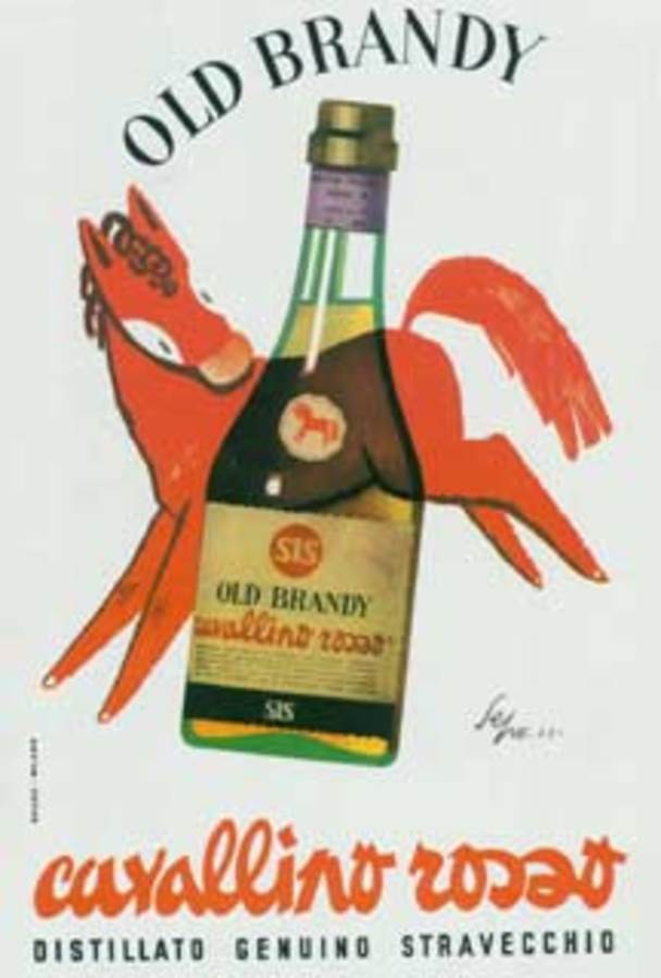 A red pony dances around a bottle of brandy, Cavallino Rosso.