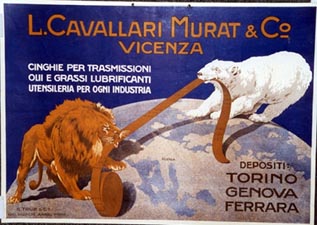 Cinghie per trasmissioni. <br>Lion and a polar bear playing tug a warwith the leather belt. Depositi Torino, Genova, Ferrara
