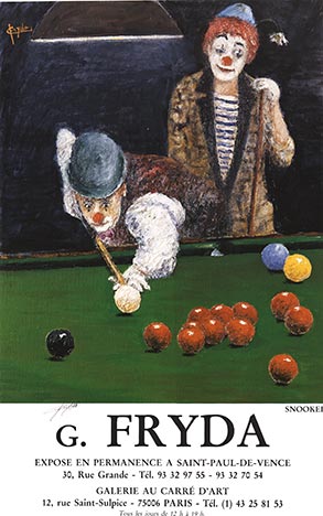 G Fryda original. Billards. (pool pool table) <br>This is drymounted in thin board and is ready for framing or must be shpped flat. Hand signed by the artist. <br> <br>Usually it is dogs playing cards; but here we have clowns playing pool / billard. <