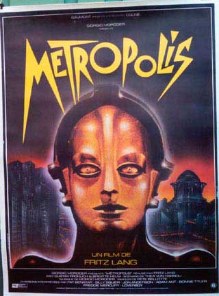 Metropolis French movie poster, Fitz Lang original movie poster, robot, futuristic buildings in the background