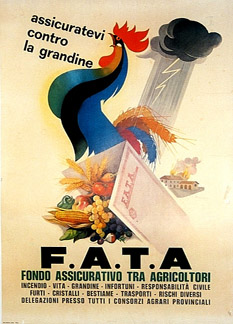 Original. F.A.T.A. Fondo Assicurative tra Agricoltori. <br>Italian format for insurance of the farm and home. <br> <br>A magnificent rooster whose plume is multicolored, and his tail is made up of wheat crows, "Are you ensured against the hail"? Behi