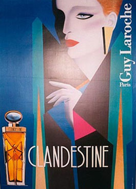 Woman of fashion, looking at top of inage, hand pearing out of curtain like design, Bottle of perfume. B condition, linen backed, original French poster.