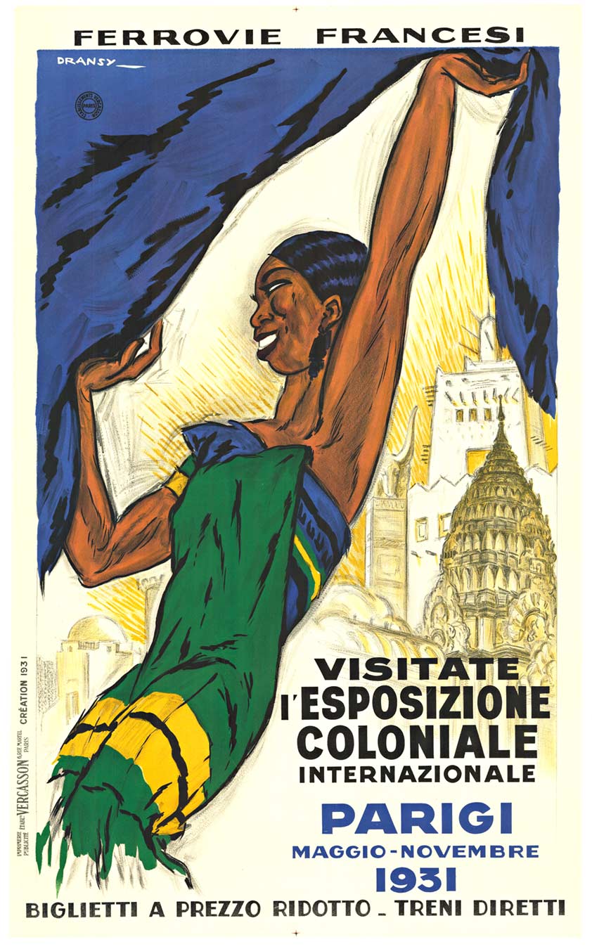 Original travel poster: Visitate l'Esposizione Coloniale A smiling dusky maiden who looks just like Josephine Baker, pushes aside a blue curtain to reveal the splendors of her native land. Unabashedly, she represents the French colonies being honored a