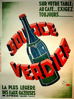 big bottle of mineral water with lettering circling around the bottle. Linen backed original French poster. Very good condition.