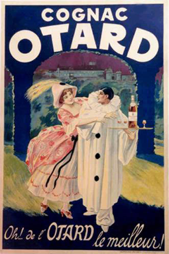 mime holding a plate with a bottle of French Cognac Otard. A lady in a pink turn of the century dress is reaching out for a glas and he holds it away from her. Rare early poster, French poster, linen backed.