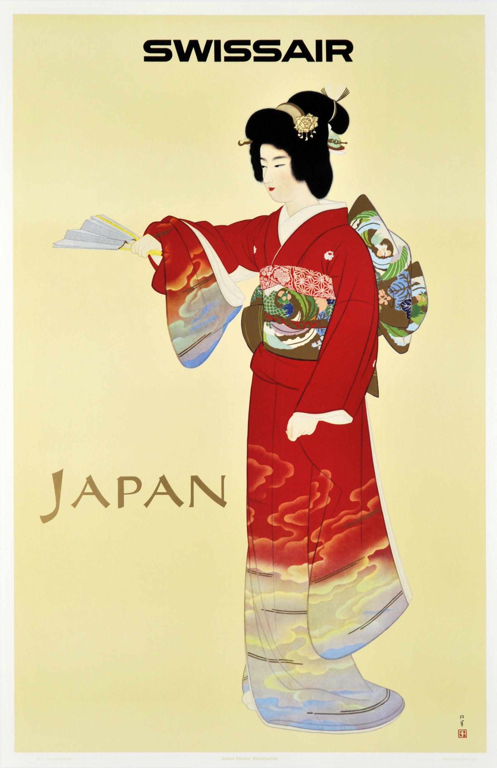 Japanese woman holding a fan. Beautiful silk kimono, linen backed, original poster, fine condition.
