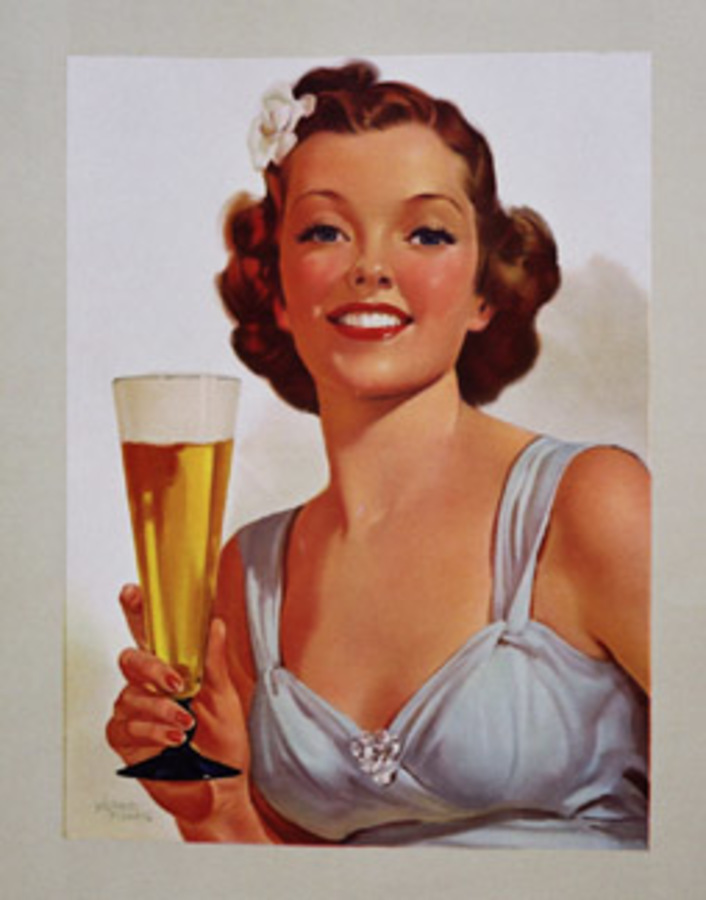woman holding a glass of beer. Pinup style art. Linen backed, fine condition.