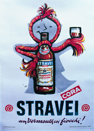 Original poster, Italian poster, linen backed, rope cord face standing above a bottle of Stavei. Linen backed,